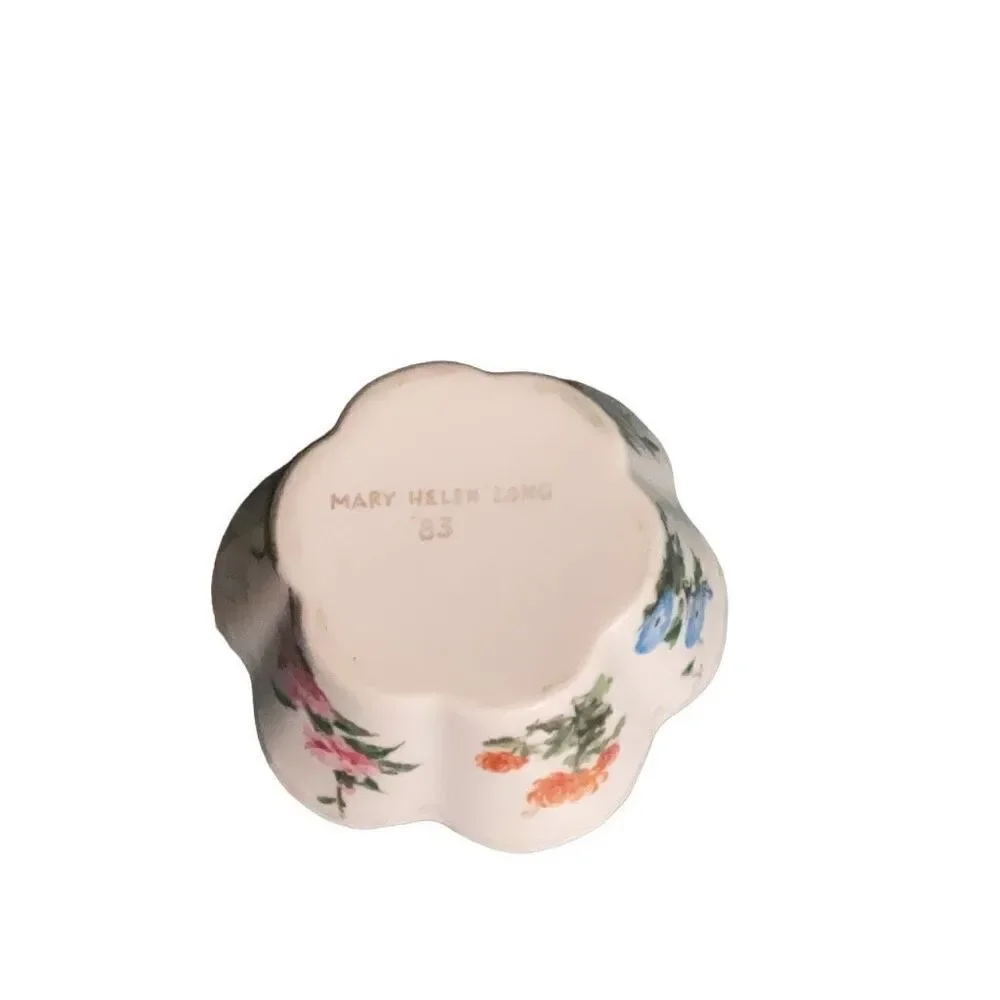 Vintage Scalloped Floral Pottery Catch All Porcelain Irridescent Catch Bowl 1983